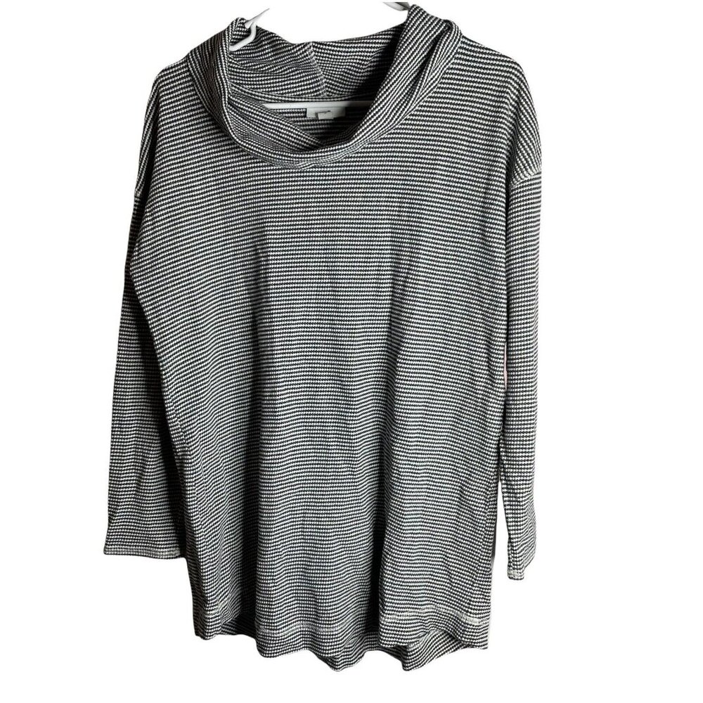 J. Jill Waffle Knit Cowl Neck 3/4 Sleeve Top Pullover Shirt M Gray White Stripe